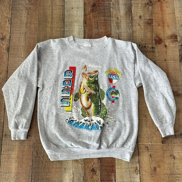 Vintage Mens Size XL Arkansas Bass Fishing Graphic Crewneck Sweatshirt in Gray - Picture 1 of 10